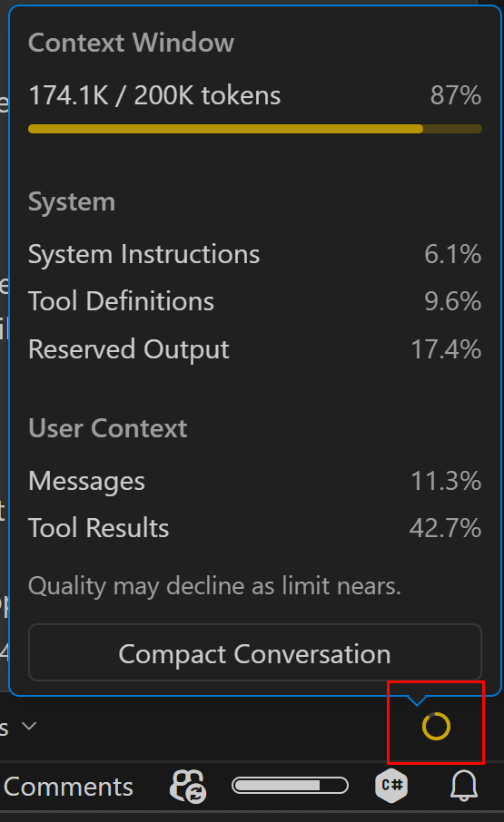 Context window usage indicator in VS Code